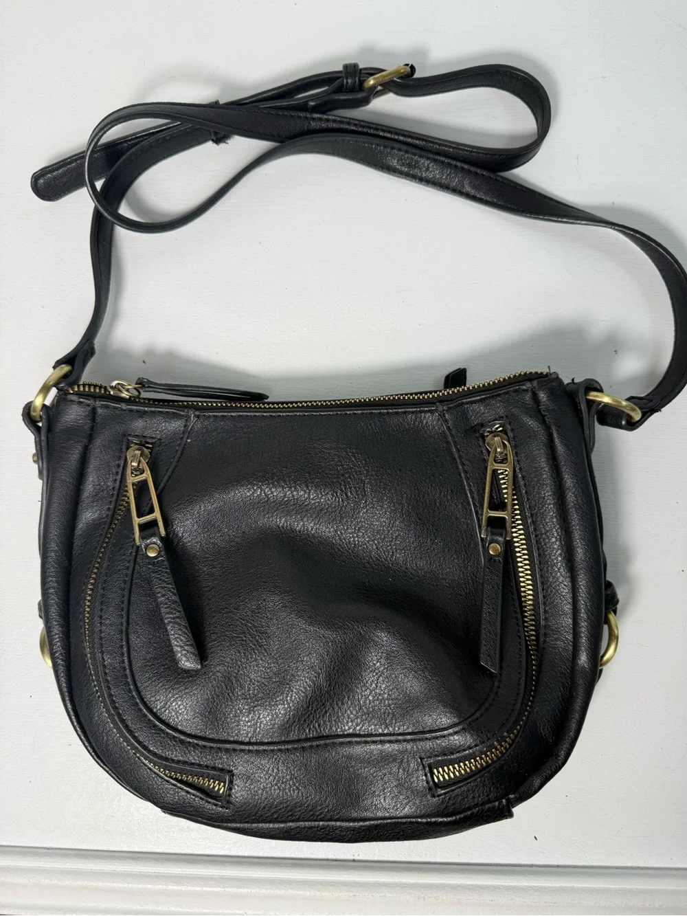 Anthropologie Black Leather Crossbody with Brass Hardware
